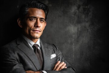 Sharp portrait of a hispanic businessman in a suit with crossed arms, neutral background