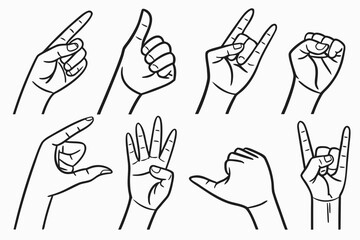 Fototapeta premium Black and white vector illustration of 25 hand gestures—various finger signs and hand positions for communication, design elements, or educational use.