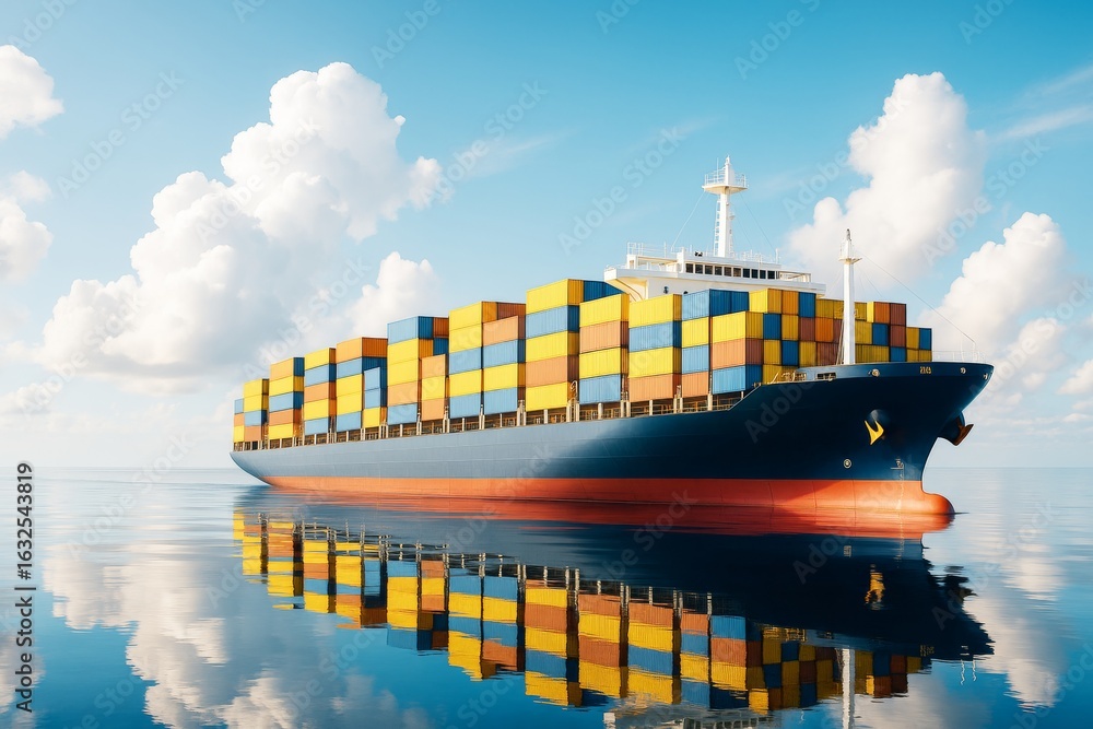 Poster cargo ship loaded with colorful containers sailing under clear sky on calm reflective sea surface wi