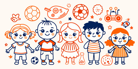 Illustration of happy kids playing with toys and balls vector art children cartoon drawing design graphic image vector illustration