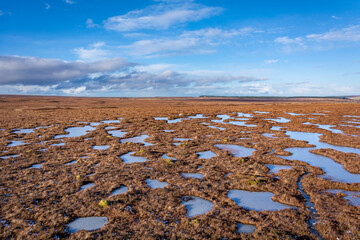 Winter frozen peat bog landscape with snow and mountains