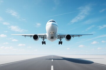 Naklejka premium Commercial airplane taking off from runway with blue sky and clouds in bright daylight, symbolizing modern air transport and travel concept.