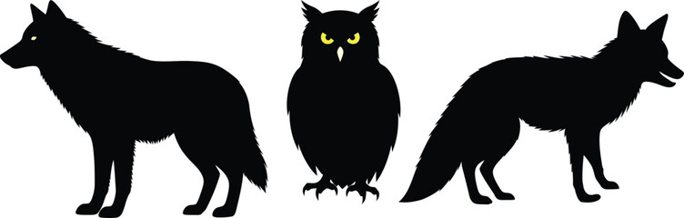 Obraz premium Three animal silhouettes wolf owl and fox silhouette