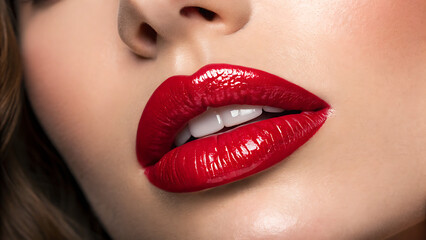 Obraz premium Red Lips CloseUp Beauty Shot of Glossy Vibrant Makeup