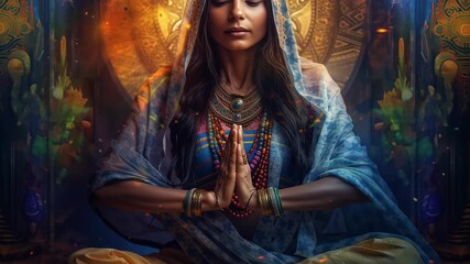 Indian woman meditating in serene natural surroundings, symbolizing inner peace and spiritual growth. Quiet green landscape offers tranquility and calm. Concept of wellness, mindfulness, meditation