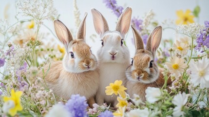 A family of rabbits inside a circle of wildflowers, a minimalist studio shot, an advertising image for cruelty-free cosmetics. generative ai