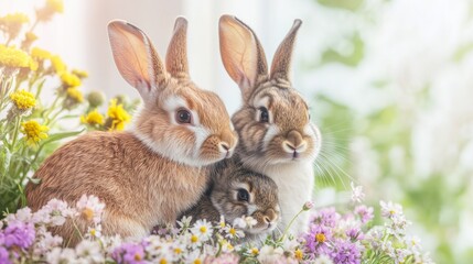 Fototapeta premium A family of rabbits inside a circle of wildflowers, a minimalist studio shot, an advertising image for cruelty-free cosmetics. generative ai