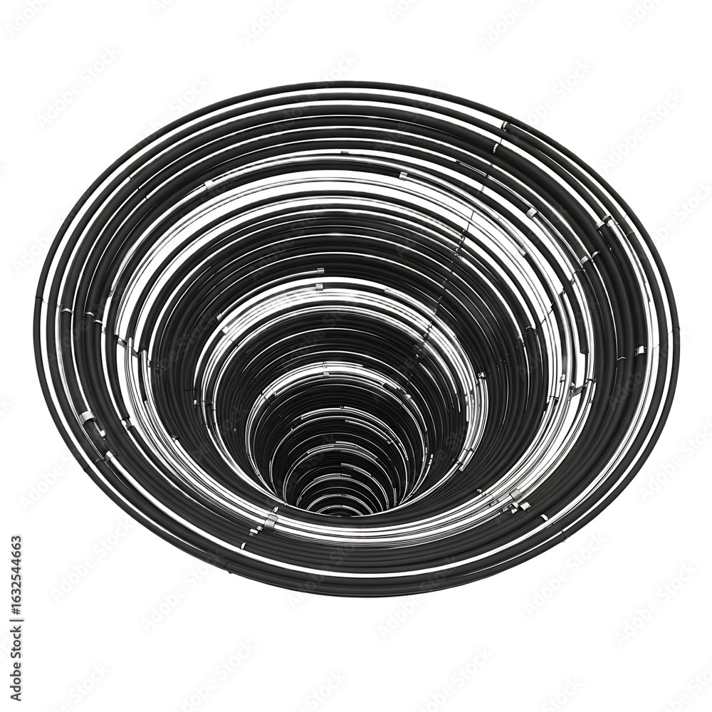 Poster abstract 3d rendering of a deep funnel-shaped structure with dark material, transparant background