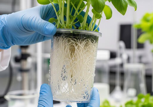 Close-up of gloved hands lifting a hydroponic pod to inspect root development