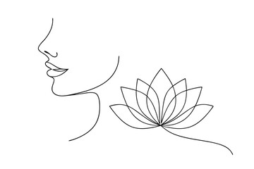 Elegant profile of a woman with a lotus flower line art