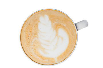 Top view cup of coffee latte art isolated white background.