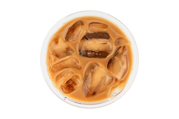 Top view Iced of coffee cup on glass cup isolated white background.