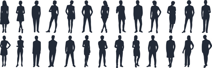 Blue silhouettes of people, standing poses, posture variation, gesture study, arms crossed, hands on hips, design reference, visual asset, body language