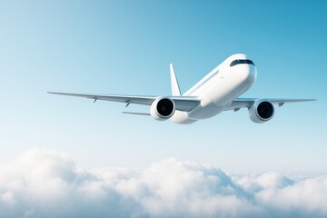 Obraz premium White passenger airplane flying above soft clouds in clear sky with light blue background, symbolizing modern air travel and freedom in motion.