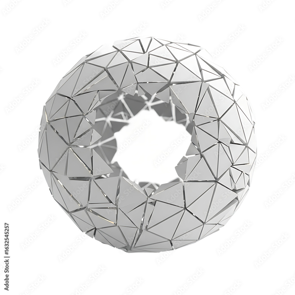 Poster 3d abstract shattered white sphere with triangular facets on transparant background