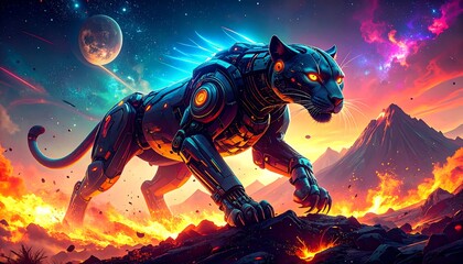 Cybernetic panther in fiery landscape
