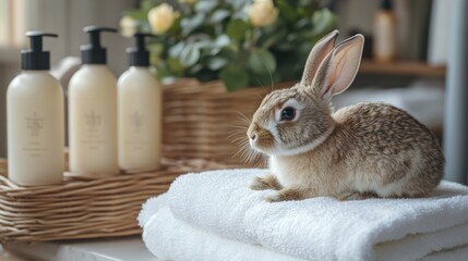 Rabbit resting on folded towels, framed by bottles of organic lotion, cruelty-free luxury product promotion generative ai