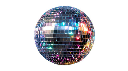 Disco ball with colorful light spots, overhead view on white isolated on a Transparent background, PNG file.