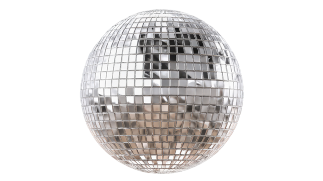 Disco ball with metallic tiles, top-down on clean isolated on a Transparent background, PNG file.