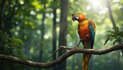 Obraz premium Vibrant macaw perched on sturdy tree branch in verdant forest. Brilliant feathers in green, orange, yellow, red colors. Impressive bird size, lush forest canopy surroundings.