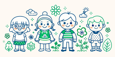 Illustration of children kids cartoon drawing vector art happy cute fun design flower plant nature friendship vector illustration