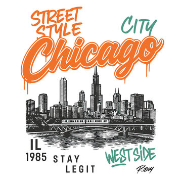 Chicago city street style retro skyline