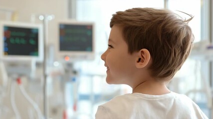 Young child observes medical screens with curious expression in healthcare setting - Powered by Adobe