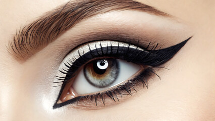 Fototapeta premium Closeup of a Womans Eye with Dramatic Winged Eyeliner and Grey Contact Lenses