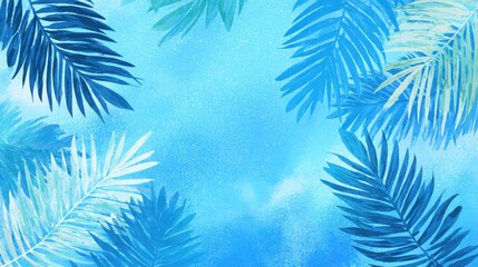 This vibrant backdrop features a variety of palm leaves in different shades of blue and green, creating a tropical ambiance perfect for summer themes and designs.
