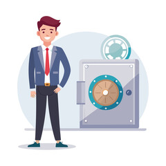 Executive businessman standing confidently beside secure vault, symbolizing wealth management, financial security, banking trust, and corporate investment success.
