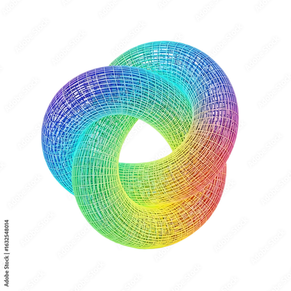 Poster 3d vibrant trefoil knot rendering with rainbow colors and wireframe structure on a transparant backg
