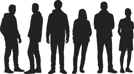 Diverse human silhouettes, six people standing, casual clothing, hoodie, jacket, t-shirt, body types, posture variety, inclusion, identity, vector illustration, flat design