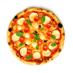 Pizza with cheese pepperoni and tomatoes isolated on white background
