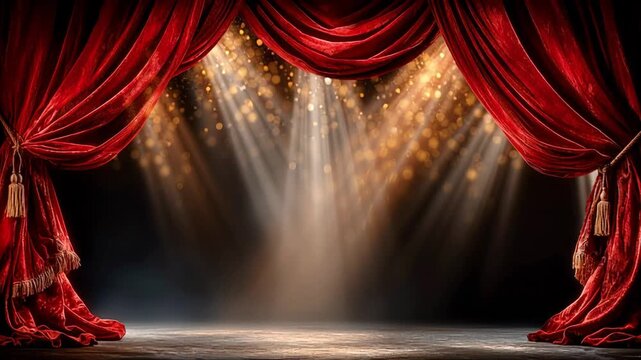 A red curtain with a spotlight shining on it. The curtain is open to reveal a stage. Scene is dramatic and theatrical