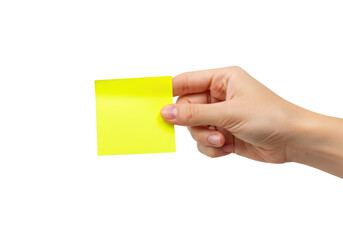 Human hand holding a bright yellow sticky note paper isolated on transparent background