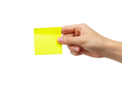Human hand holding a bright yellow sticky note paper isolated on transparent background