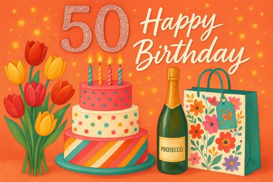 Vibrant birthday card with "Happy 50th Birthday" for greeting card to 50 woman. Concept of cheerful happy birthday celebration with festive elements and bright background.