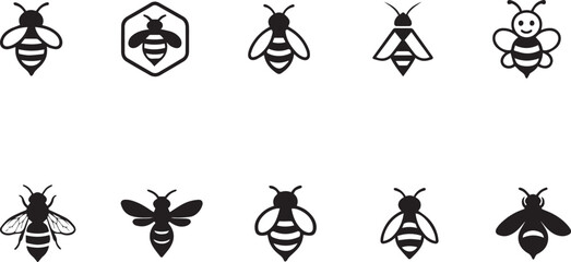 Bee Icons Set Honeycomb, Flying Bees, and Happy Bee Cartoon silhouettes