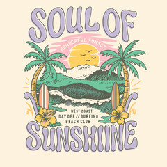 Soul of sunshine with tropical beach sunset, surfboards, palm trees and floral summer vibes