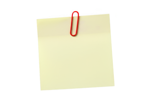 A single yellow sticky note secured with a red paperclip isolated on transparent background - Powered by Adobe