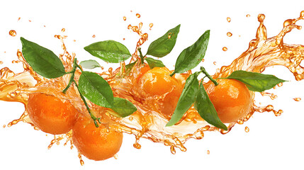  Splash of fruit juice and fresh mandarins isolated on a white background