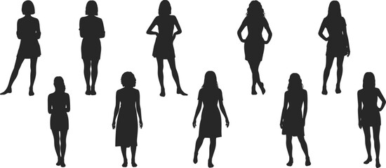 Female silhouettes, fashion poses, clothing styles, posture variation, design reference, character modeling, black figures, gesture study, visual diversity, standing women