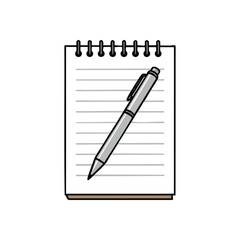 (Notebook and Pen Illustration. This image depicts a gray writing implement on a white spiral-bound memo pad with ruled lines. It symbolizes education, creativity, and the act of note-taking.)