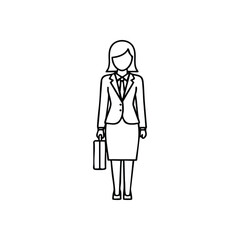 (Professional Businesswoman Graphic. Clean vector illustration of a female executive in a formal suit holding a bag. Symbolizes career, achievement, and corporate success.)