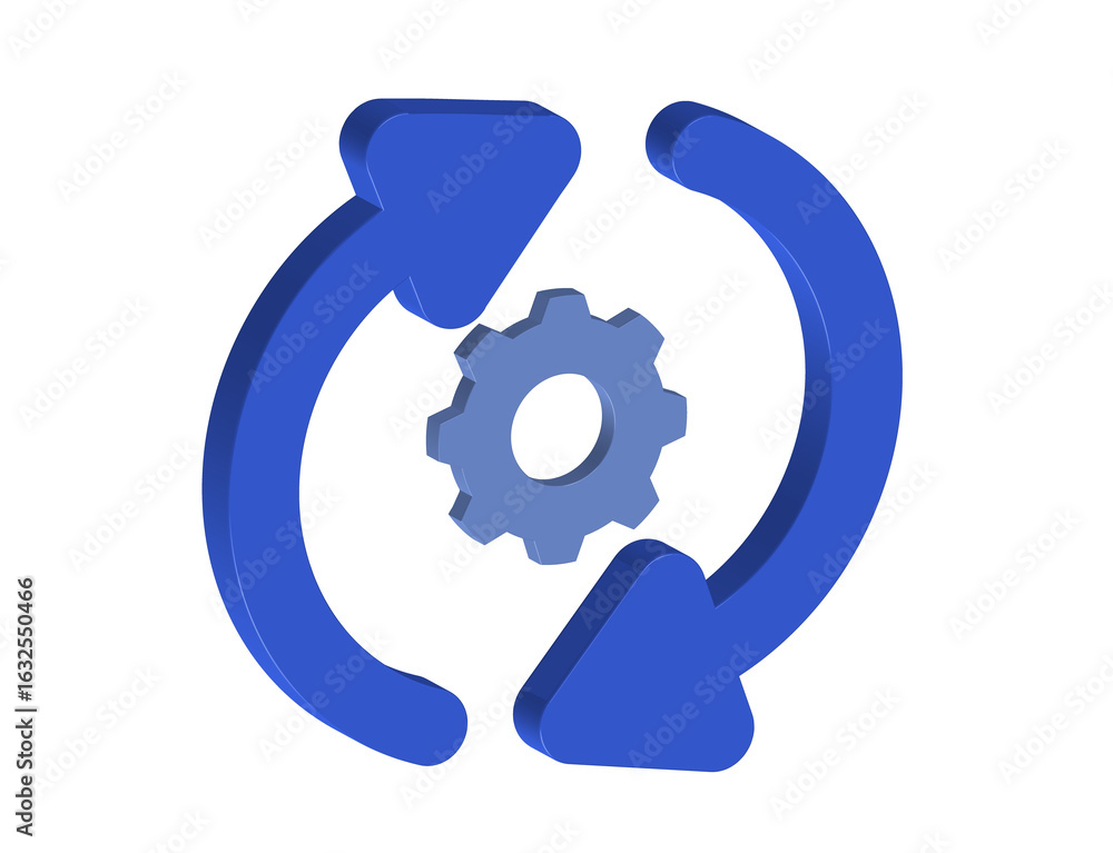 Poster simple 3d illustration of a gear icon with arrows in a circle around it. update concept. transparent