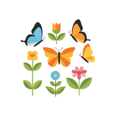 (Vibrant Butterflies and Garden Blooms. Charming vector illustration showcasing diverse winged creatures and blossoming flora on a dark backdrop, symbolizing the joy and rebirth of nature.)