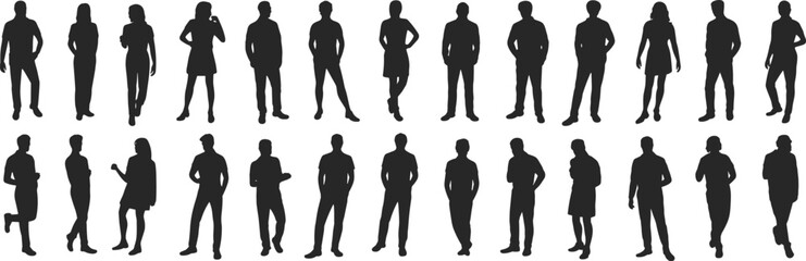 Human silhouette collection, 30 poses, walking, phone use, arms crossed, design reference, animation resource, gesture study, black figures, posture diversity