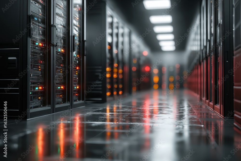 Aufkleber interior view of servers in data center with long row of rack systems