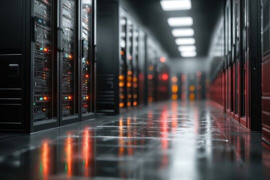 Interior view of servers in data center with long row of rack systems