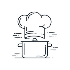 (Chef Hat and Cooking Pot. Clean line art depicting a white toque above a hot saucepan, with steam. Symbolizes food preparation, gastronomic delights, and kitchen creativity.)
